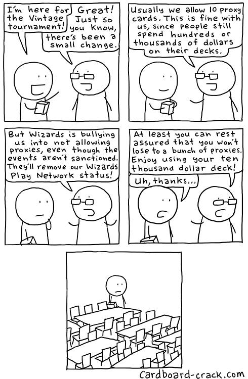 Komiks Cardboard Crack na téma úplného zákazu proxy karet