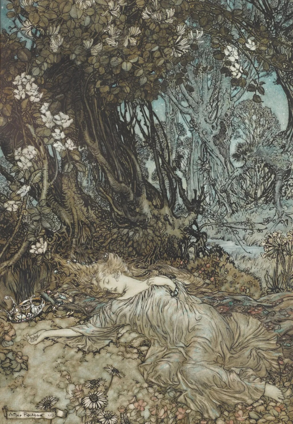 Titania Lying Asleep od Arthura Rackhama, cca 1908